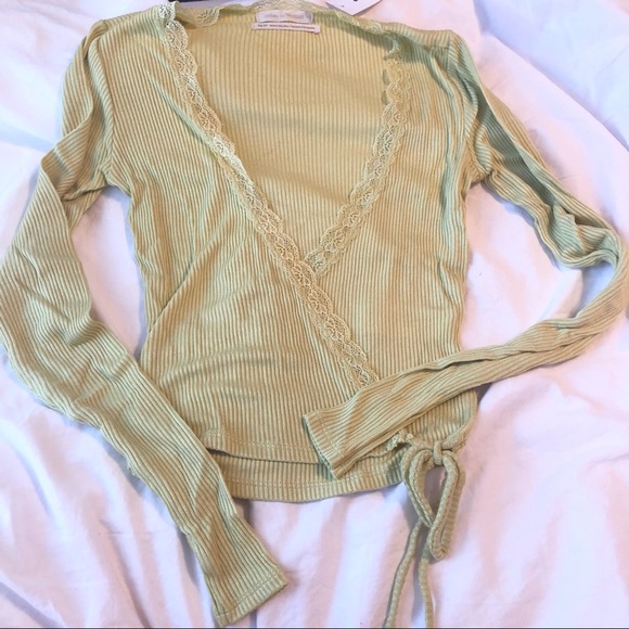 NWT Urban Outfitters Lace Y2K Wrap Top Green Crop ribbed soft cross brandy melvi - Picture 5 of 15